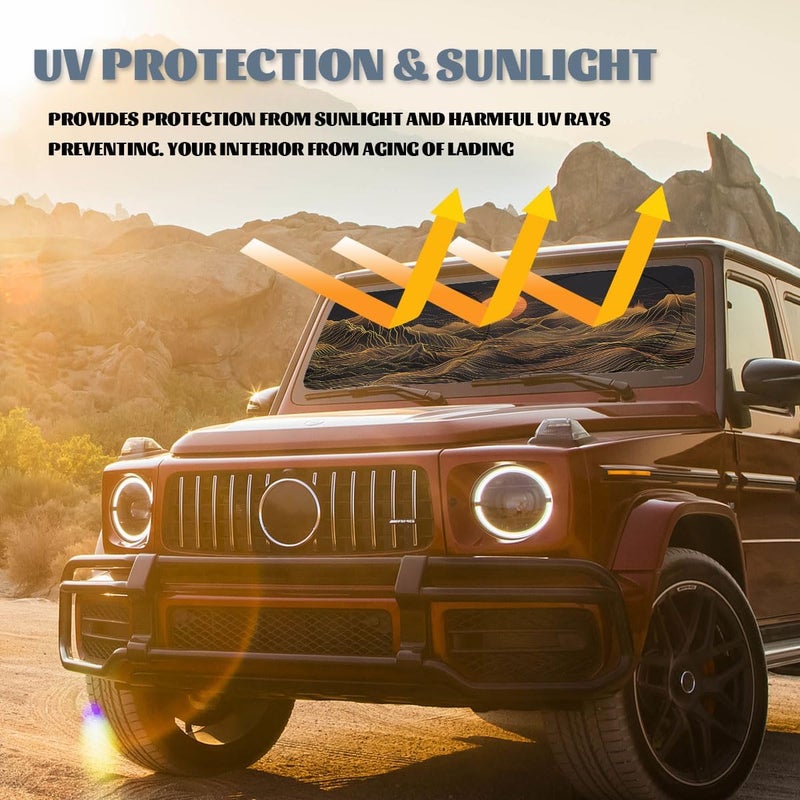 Qoueucc Mountain Golden Sun Car Windshield Sunshades Black Gold Heatshield Front Window Car Sun ​Shade Windshield Blocks UV Rays Sun Visor Protector for Car Sedan Truck SUV Accessories 59" L x 31.5" W - Image 5